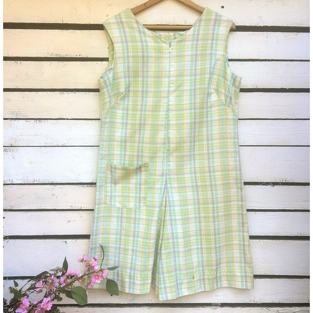 Vintage 1960’s Plaid Dress Jumper Pastel Vtg 60s Romper Jumpsuit Farmhouse L/XL